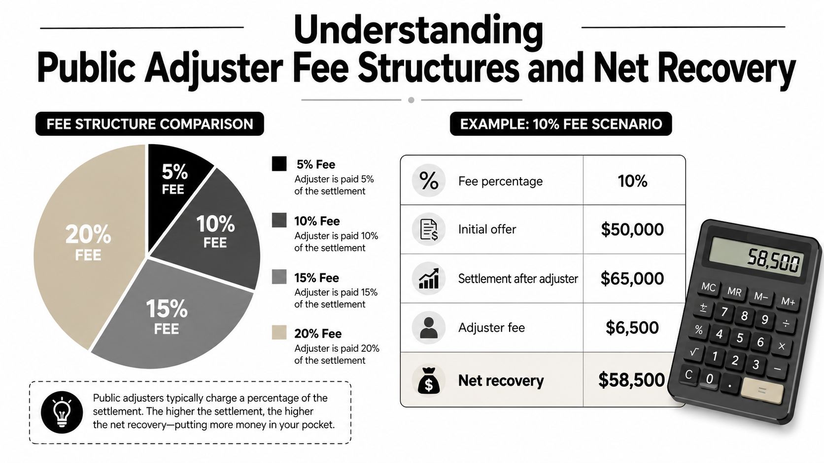 An infographic illustrating public adjuster fee structures and a net recovery calculation scenario.