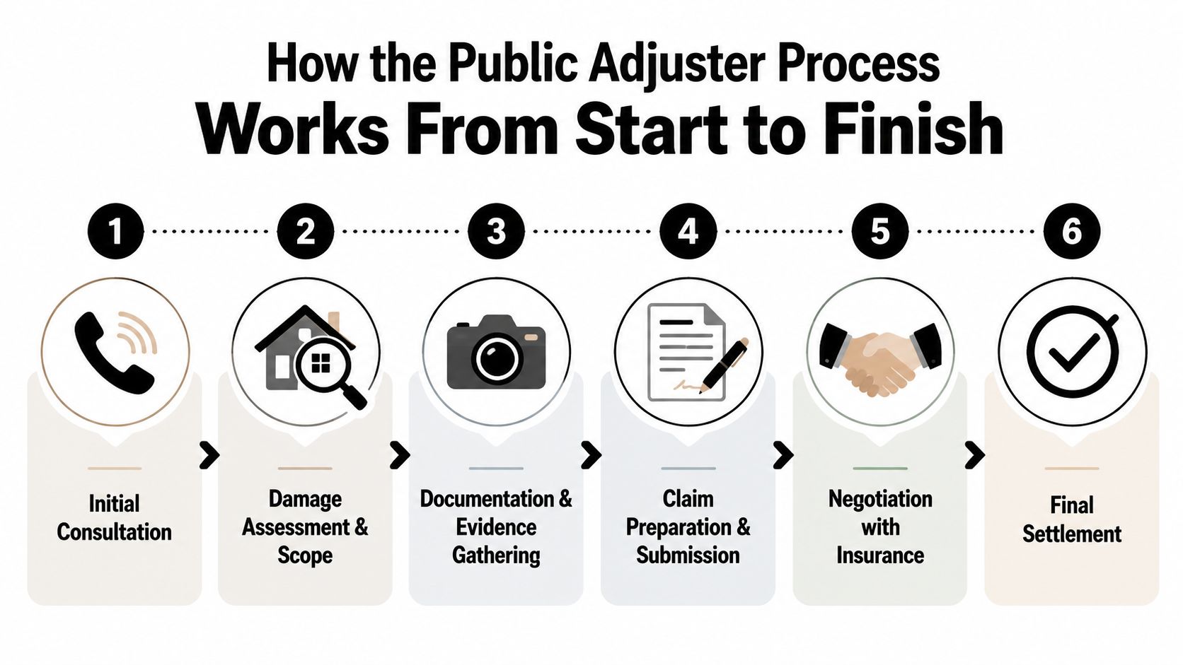 A six-step infographic illustrating the professional public adjuster process from initial consultation to final insurance settlement.