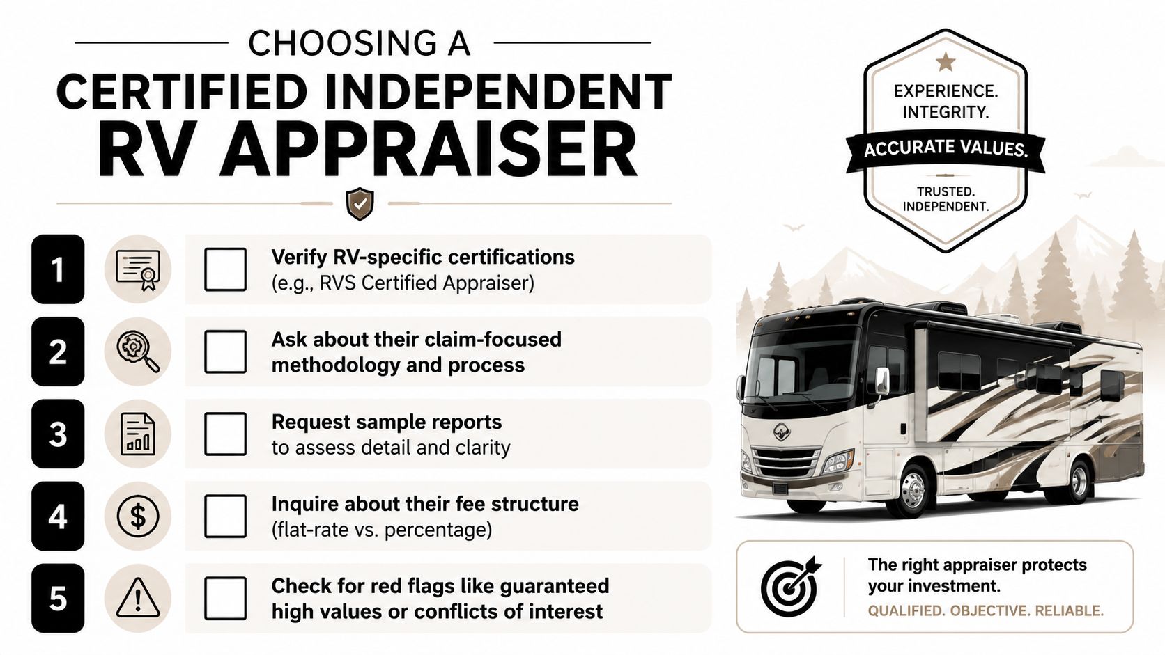 An infographic showing five essential steps for selecting a professional and certified independent RV appraiser for your vehicle.