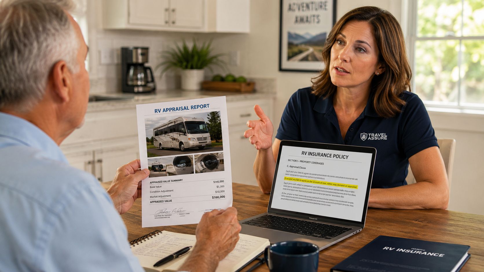 A professional insurance agent discusses an RV appraisal report with a client during a consultation meeting.