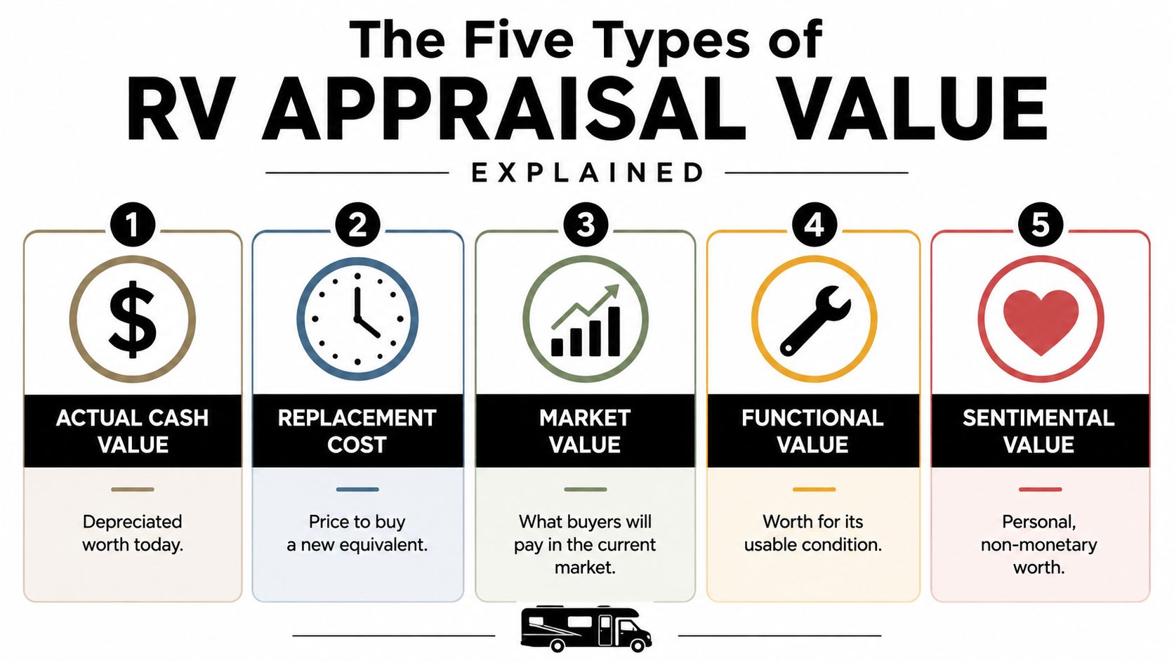 An infographic titled The Five Types of RV Appraisal Value explaining the different definitions of worth.