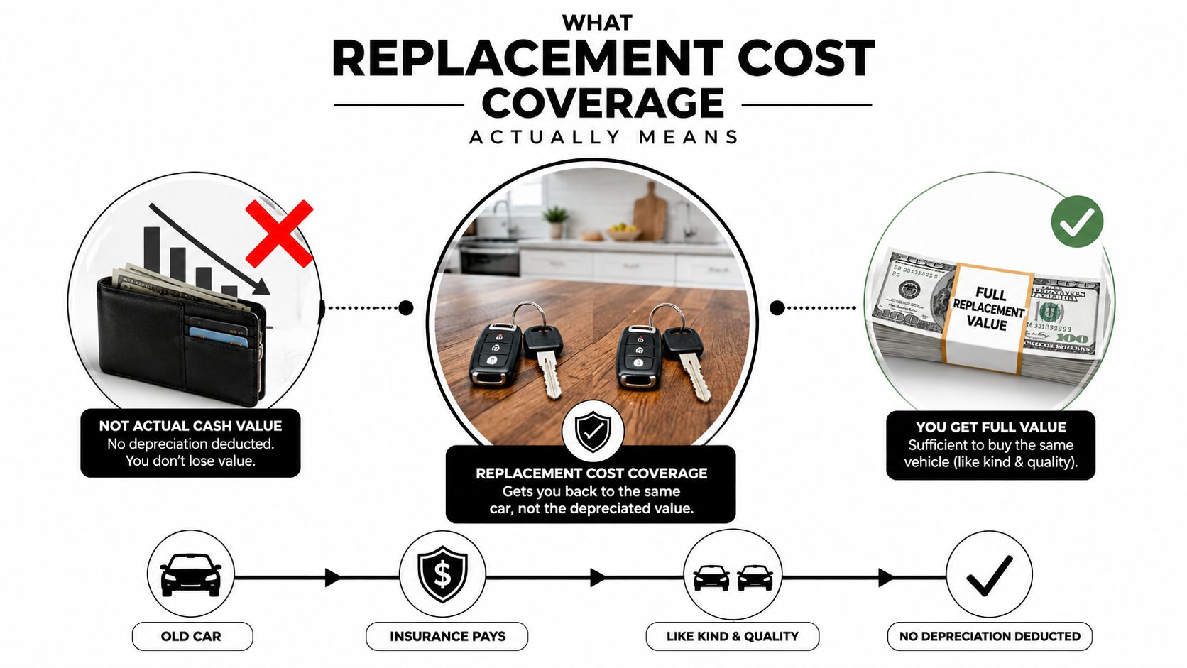 An infographic explaining replacement cost coverage for car insurance, contrasting it with depreciated actual cash value.