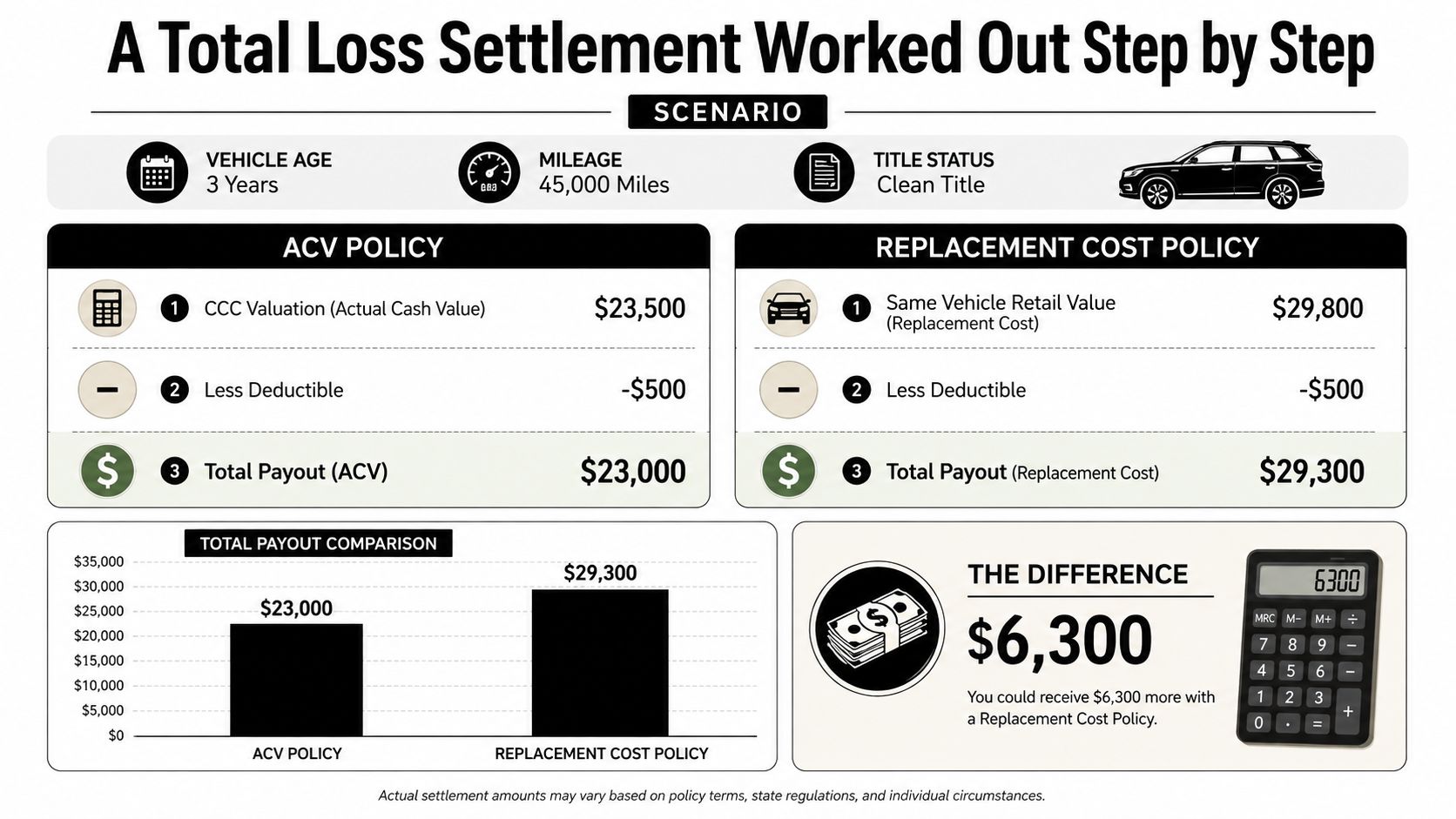 An infographic comparing insurance claim payouts for ACV and replacement cost policies for a totaled car.
