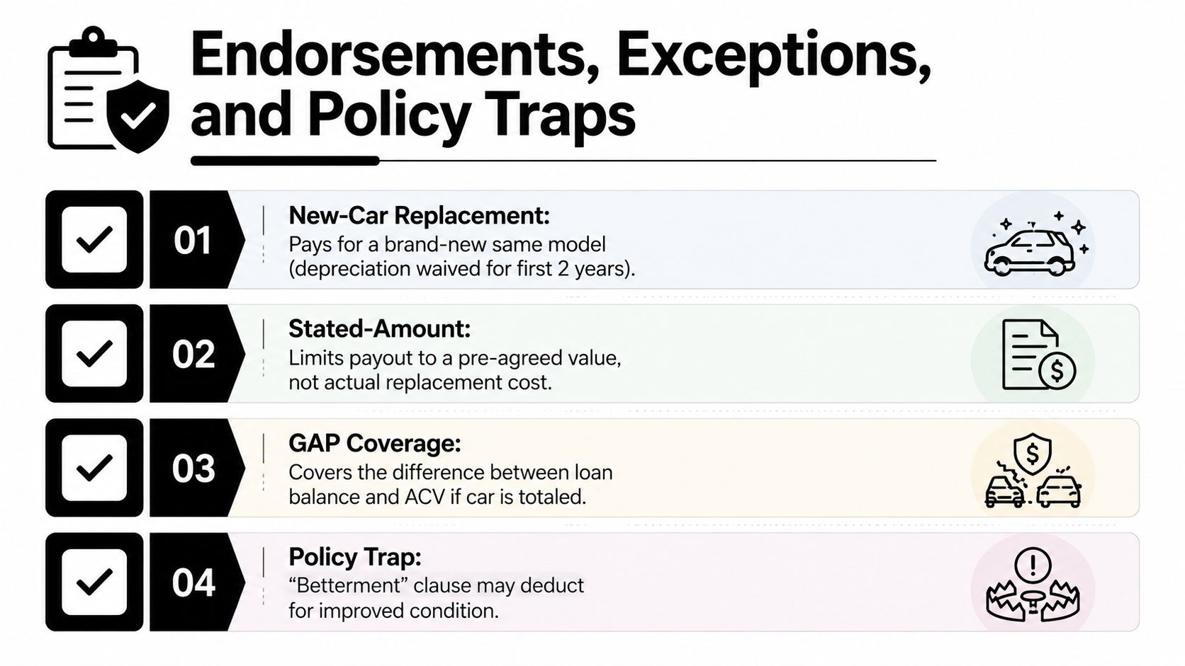 A list of car insurance endorsements including new-car replacement, stated-amount, GAP coverage, and the betterment policy trap.