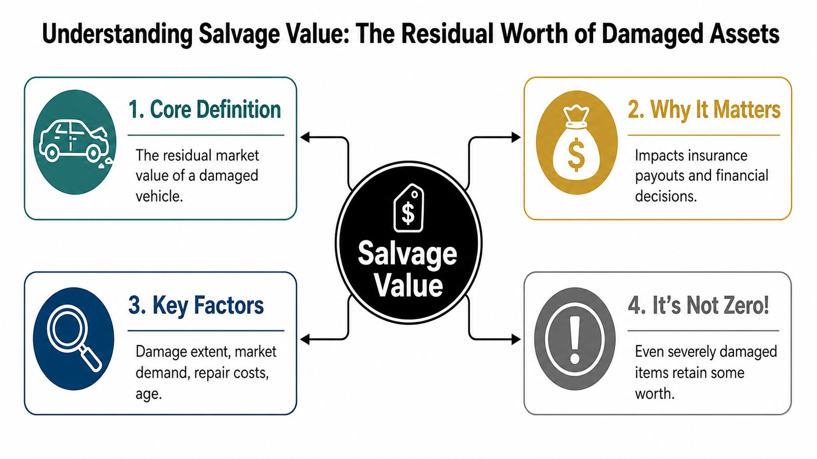 A diagram explaining salvage value, covering definitions, why it matters, key factors, and that items retain worth.
