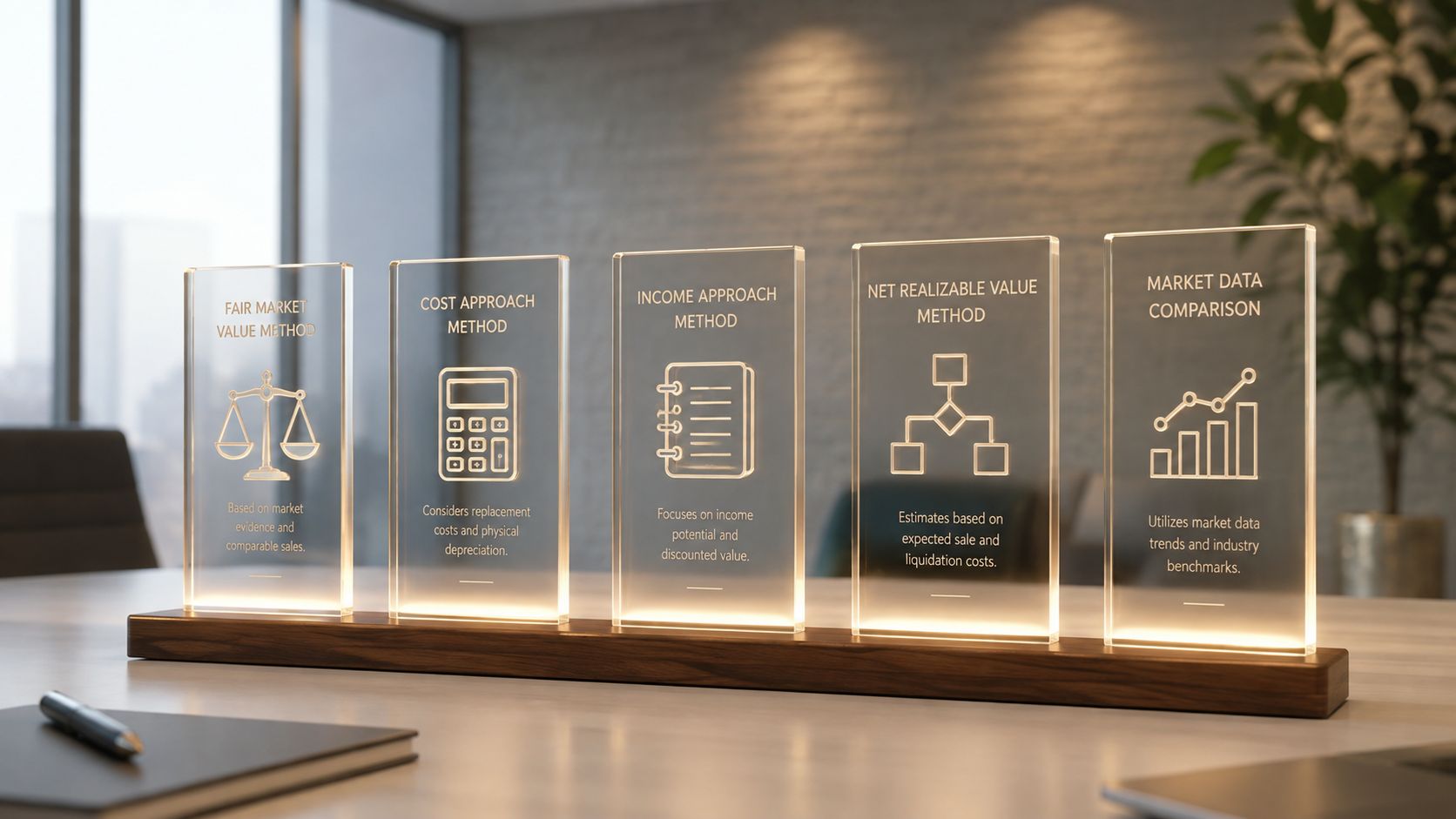 Five glowing glass plaques on a wooden base displaying business asset valuation methods in a modern office.