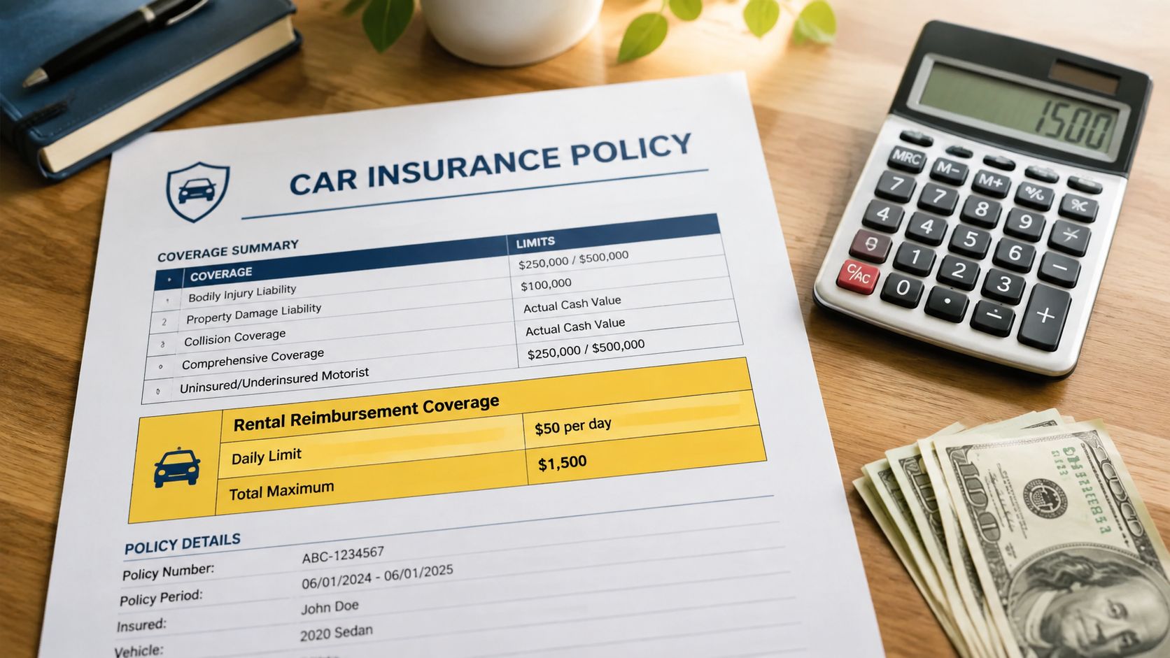 A car insurance policy document next to a calculator and a stack of hundred dollar bills.