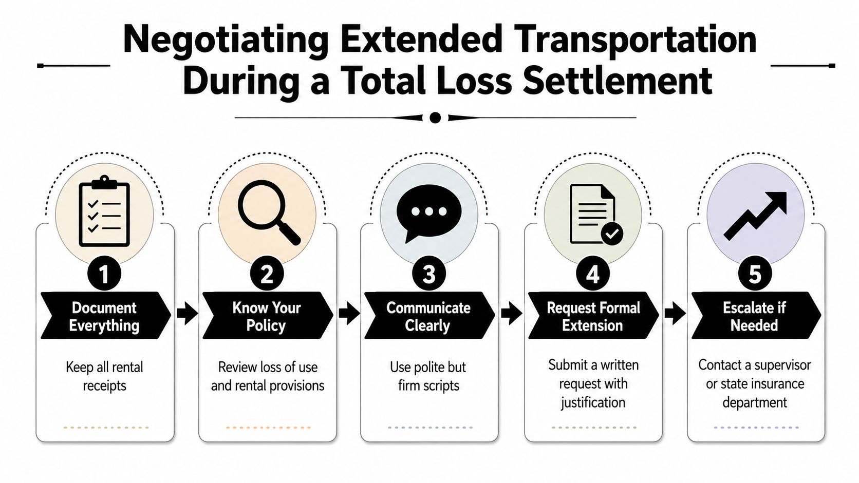 A five-step infographic guide on how to negotiate extended transportation during a car total loss settlement process.