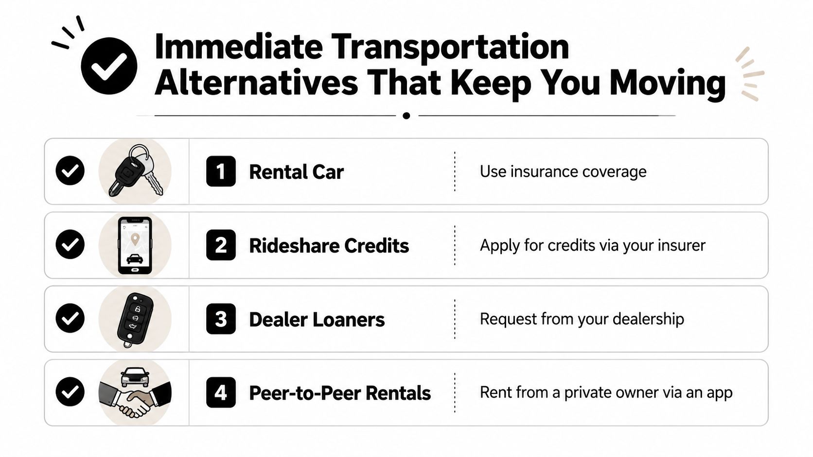 A list graphic presenting four immediate transportation alternatives: rental cars, rideshare credits, dealer loaners, and peer-to-peer rentals.