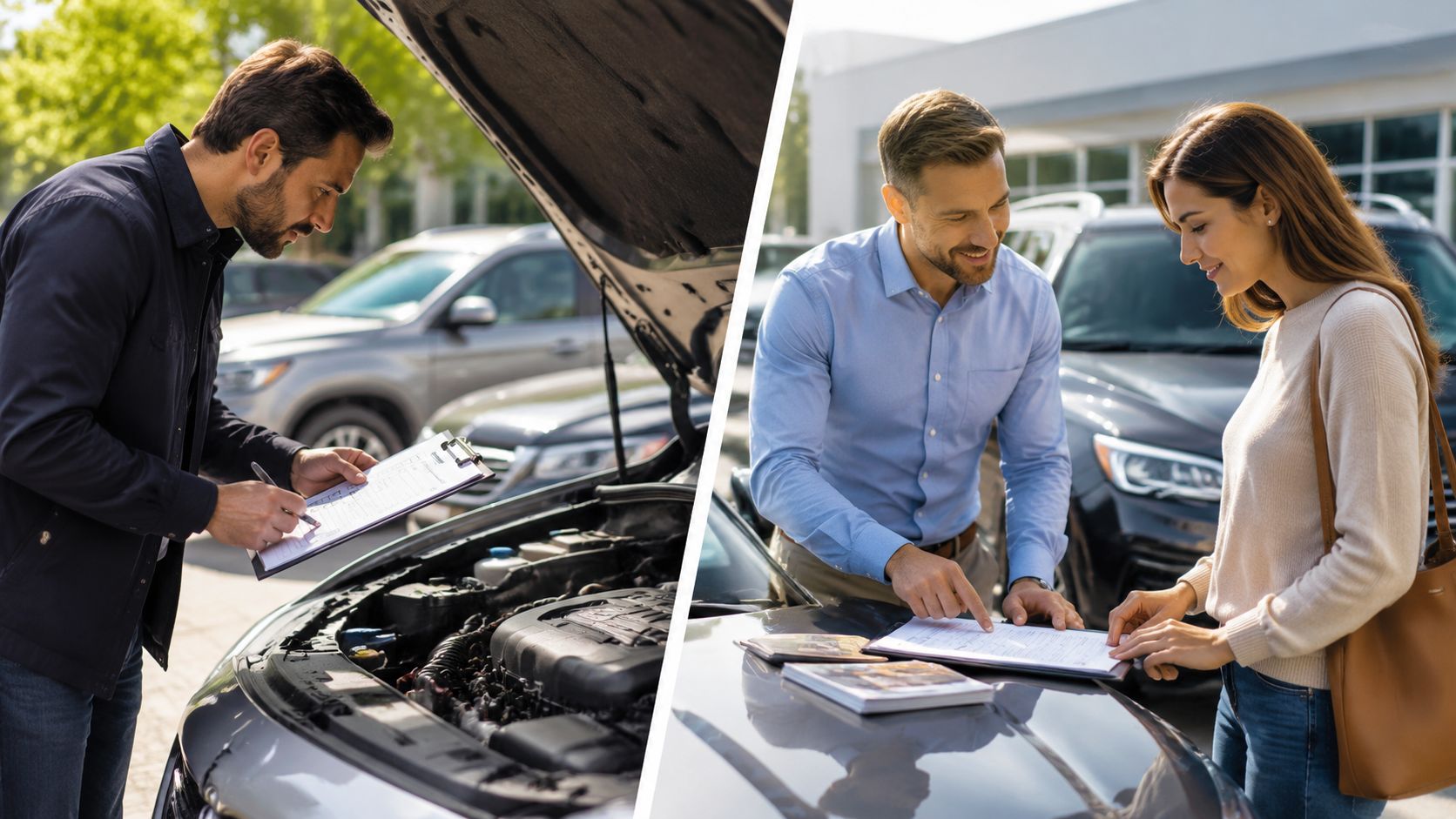 A professional car mechanic inspecting an engine and a salesperson reviewing paperwork with a potential customer.