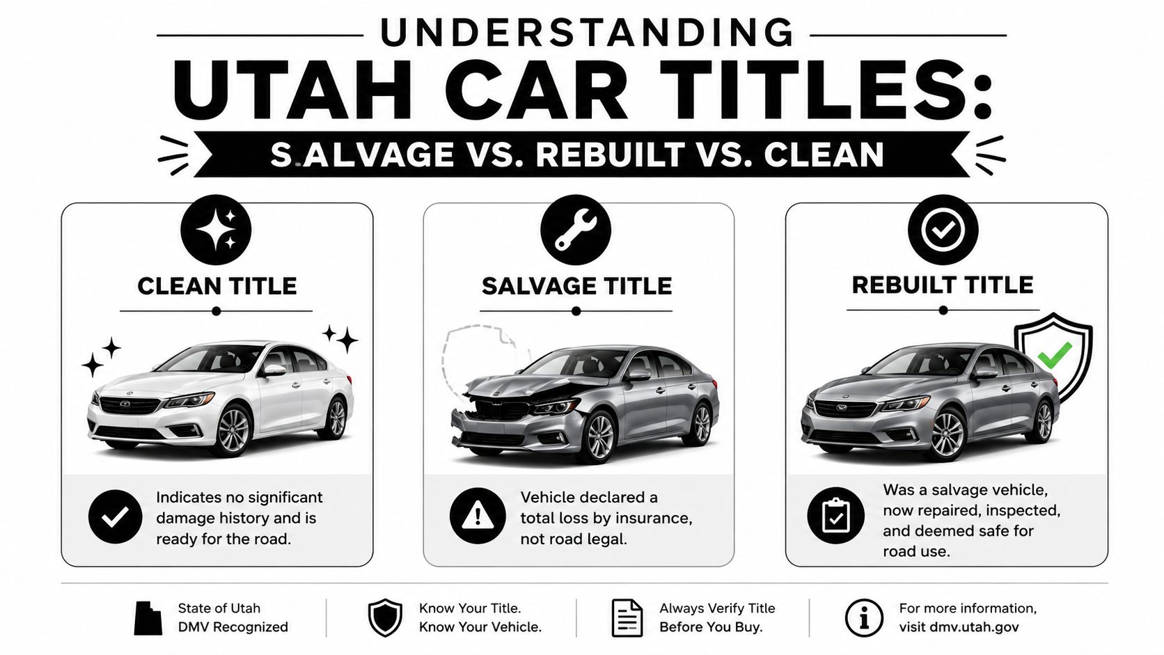 An infographic titled Understanding Utah Car Titles explaining the differences between clean, salvage, and rebuilt vehicle titles.