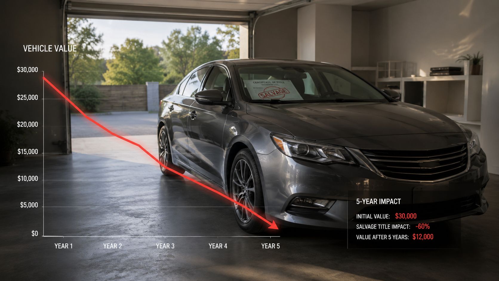 A line graph showing a car's rapid loss in value over five years due to a salvage title.