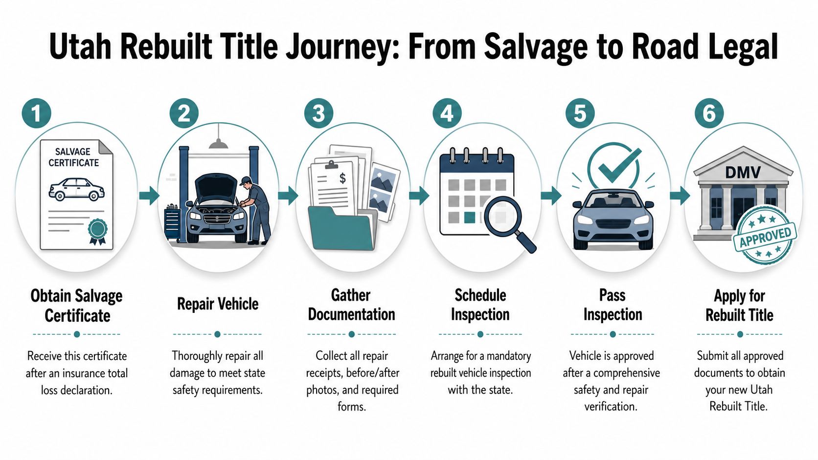 A six-step infographic detailing the process to obtain a rebuilt title for a vehicle in Utah.