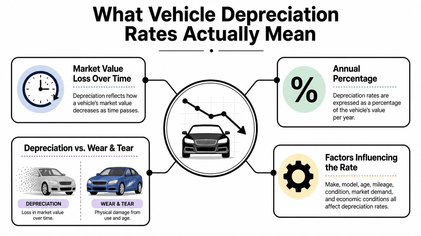 An infographic explaining vehicle depreciation rates, market value loss, annual percentage, wear and tear, and influencing factors.