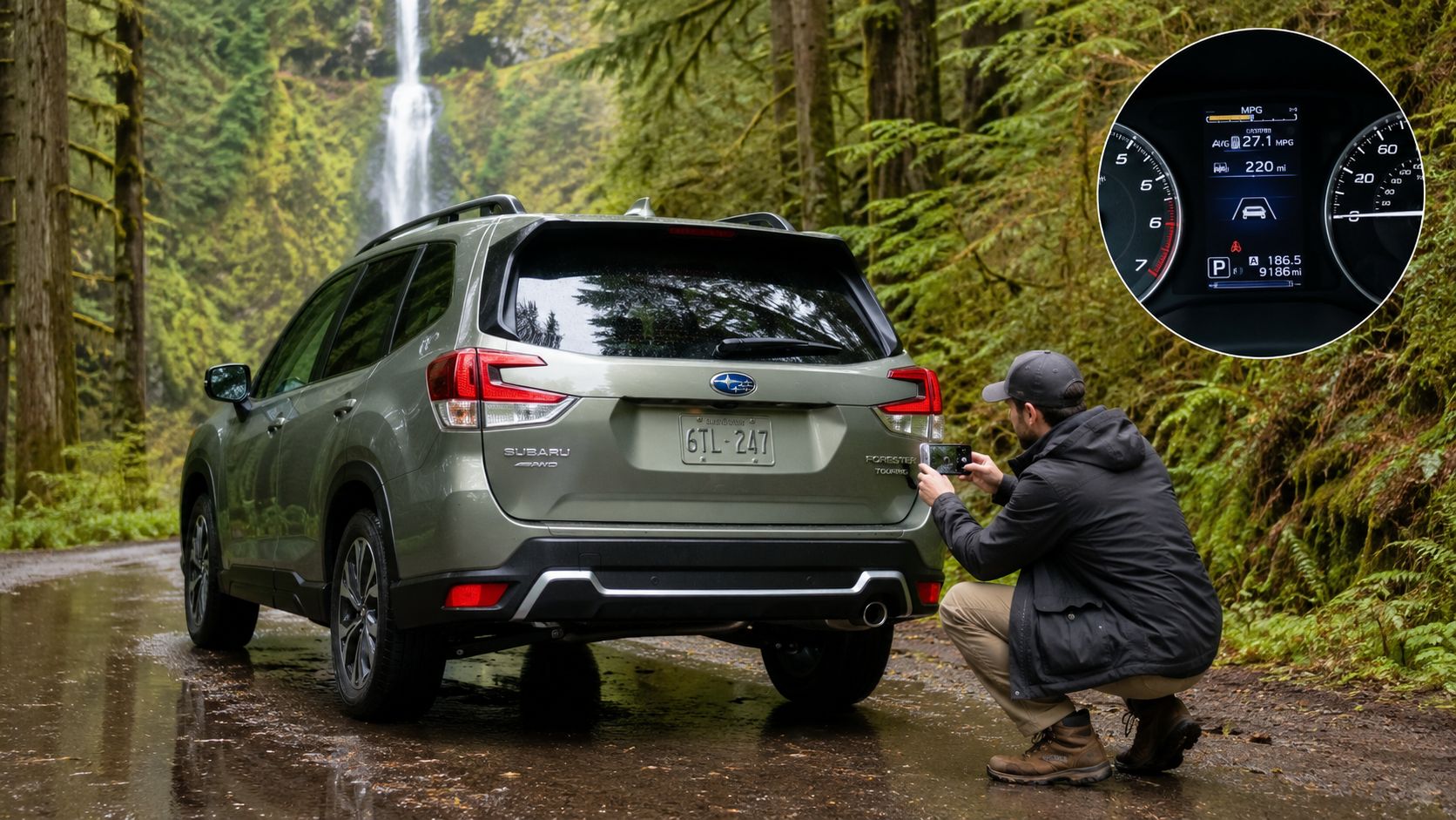A photographer crouching to take a picture of a green Subaru Forester SUV parked on a forest road.
