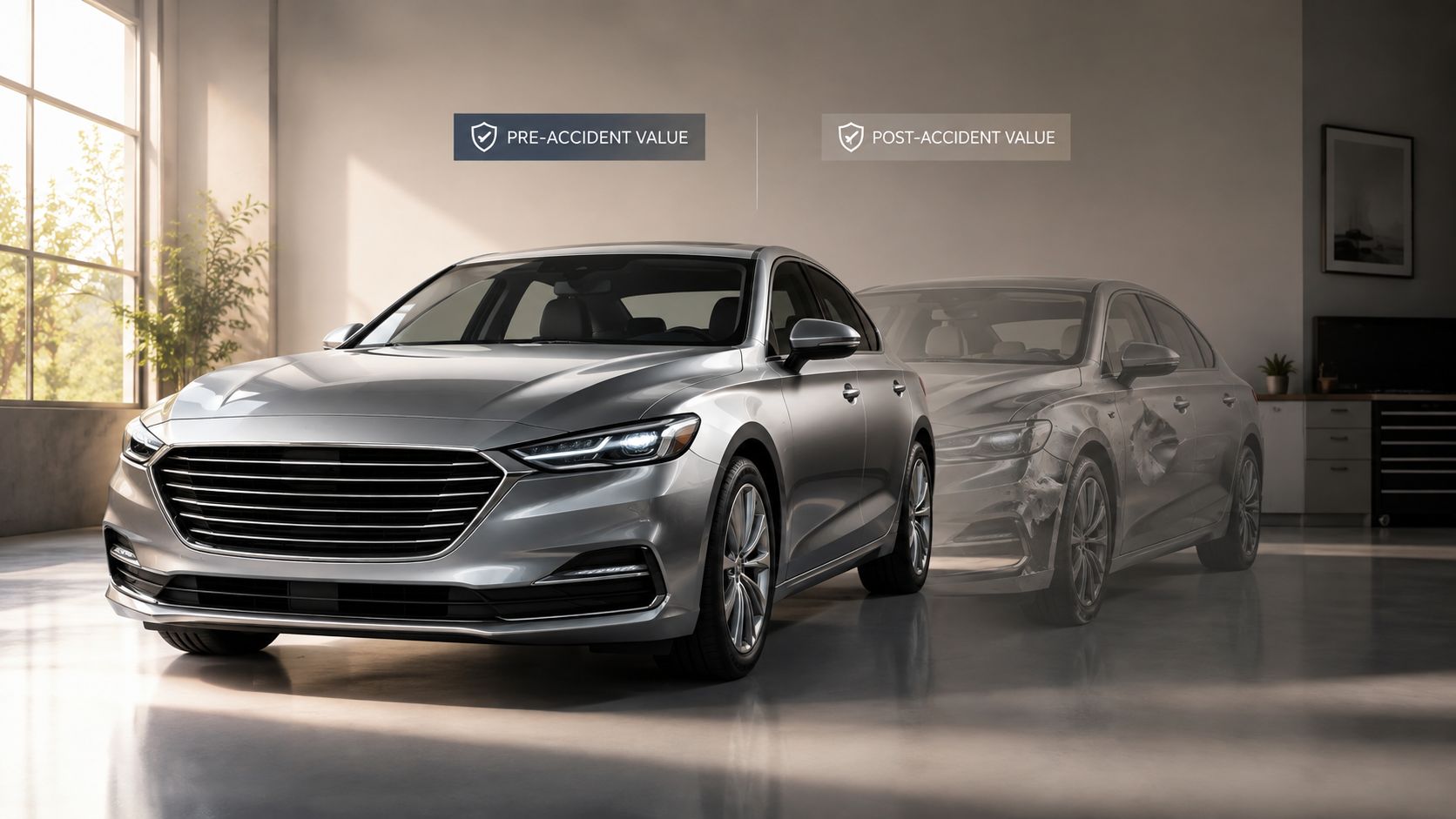 A split visual comparing a silver car in pristine condition with a damaged version of the same vehicle.
