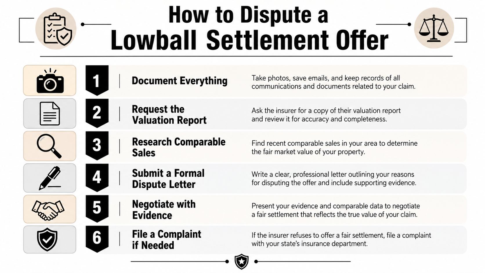 A six-step infographic guide on how to dispute a lowball insurance settlement offer for property claims.