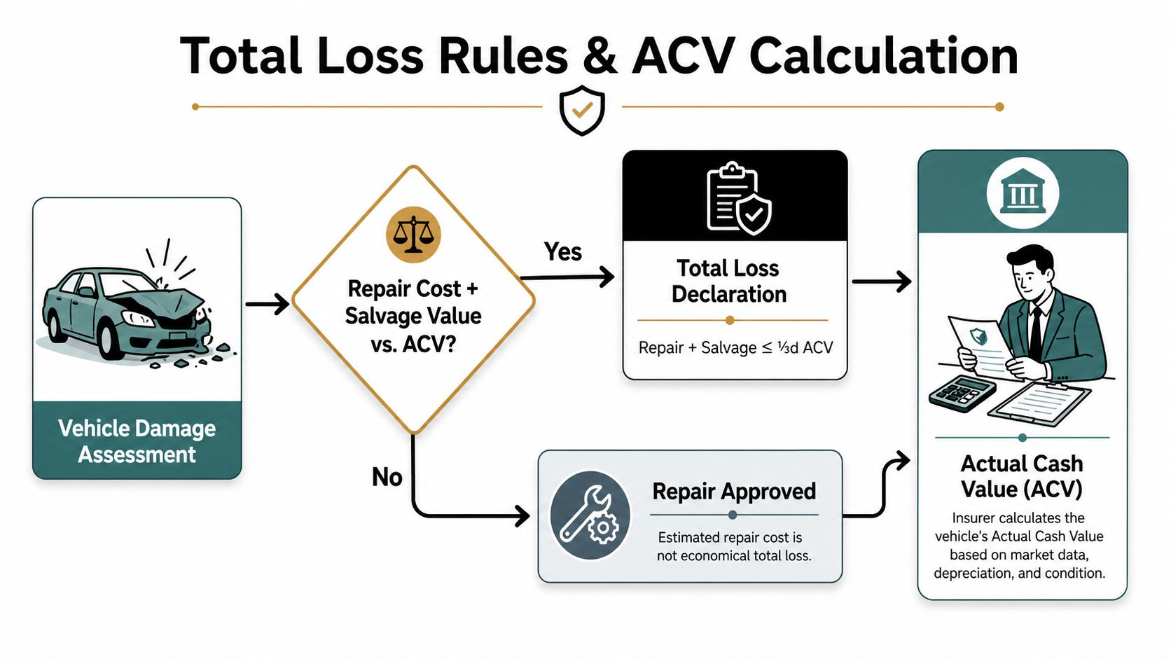 A flowchart infographic explaining the process of determining a total loss versus vehicle repair after an accident.