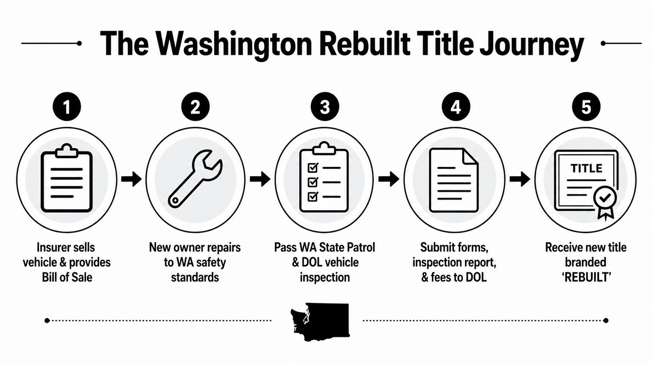 A five-step infographic showing the process for obtaining a rebuilt vehicle title in Washington State.